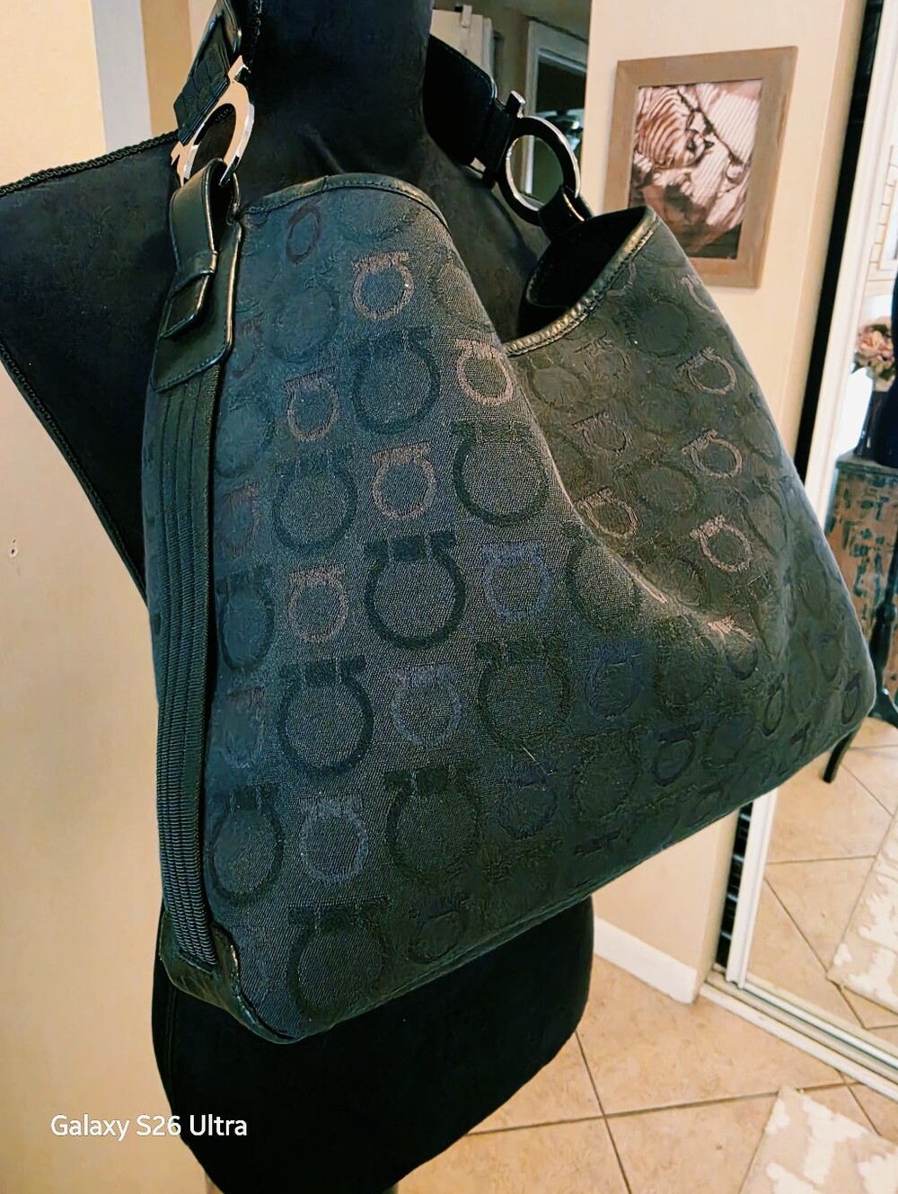 Salvatore Ferragamo Black Gancini Monogram Canvas Hobo Shoulder Bag COA